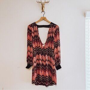 PARKER Women's Red/Orange/Black Keyhole Cut Out Silk Long Sleeve Midi Dress Sz L
